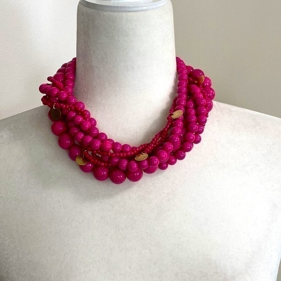 Pink Gold Collar Chunky Beaded Bohemian Artsy Festival Statement Fun Necklace - Picture 5 of 16